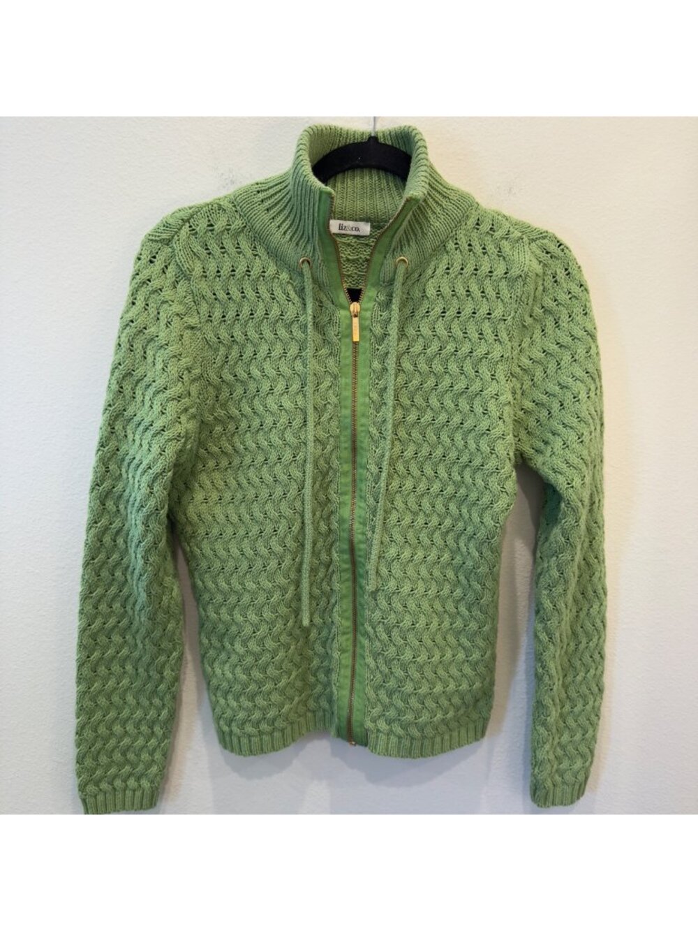 QVC Liz & Co Women's Full Zip Cable Knit Sweater Jacket Lime Green Heavy Weight
